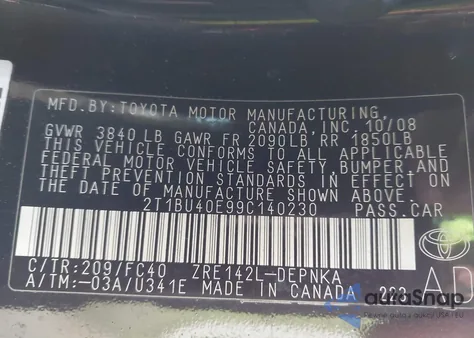 2009 Toyota Corolla Xle z USA, uszkodzony, nr VIN 2T1BU40E99C140230